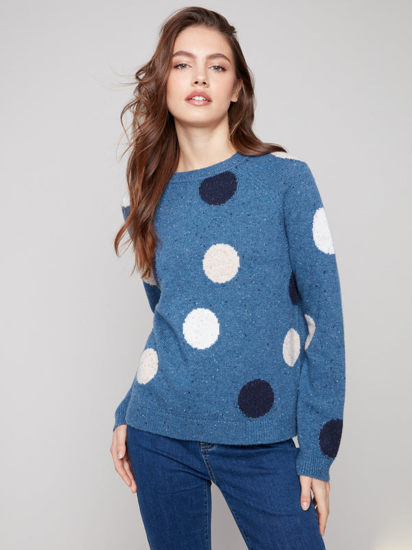 Polka dot pattern enhances the stylish raglan sleeve design of this heather Oxford sweater by Charlie B.