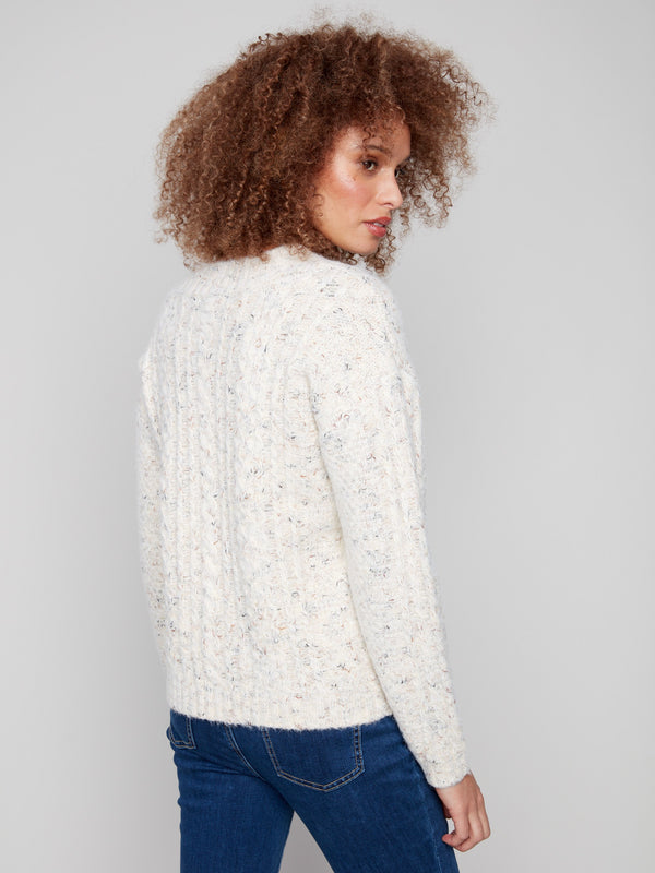 Stylish ecru sweater with a notched neckline and drop shoulder style by Charlie B.