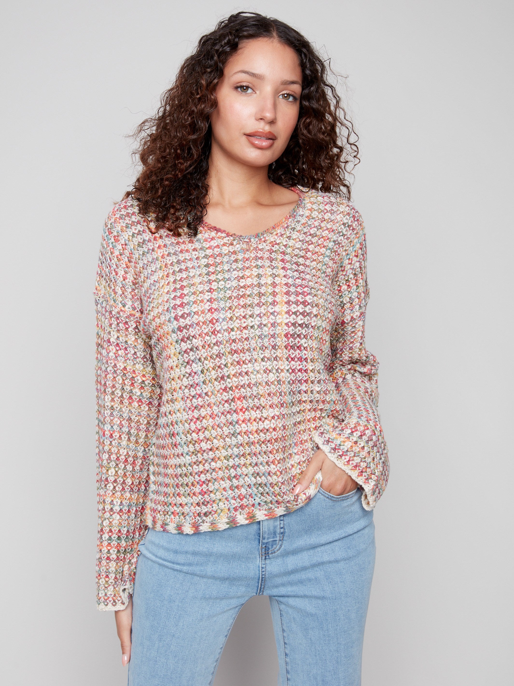 Multicolor crochet sweater featuring a chic V-neckline crafted from novelty yarn for a stylish look by Charlie B.