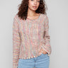 Multicolor crochet sweater featuring a chic V-neckline crafted from novelty yarn for a stylish look by Charlie B.