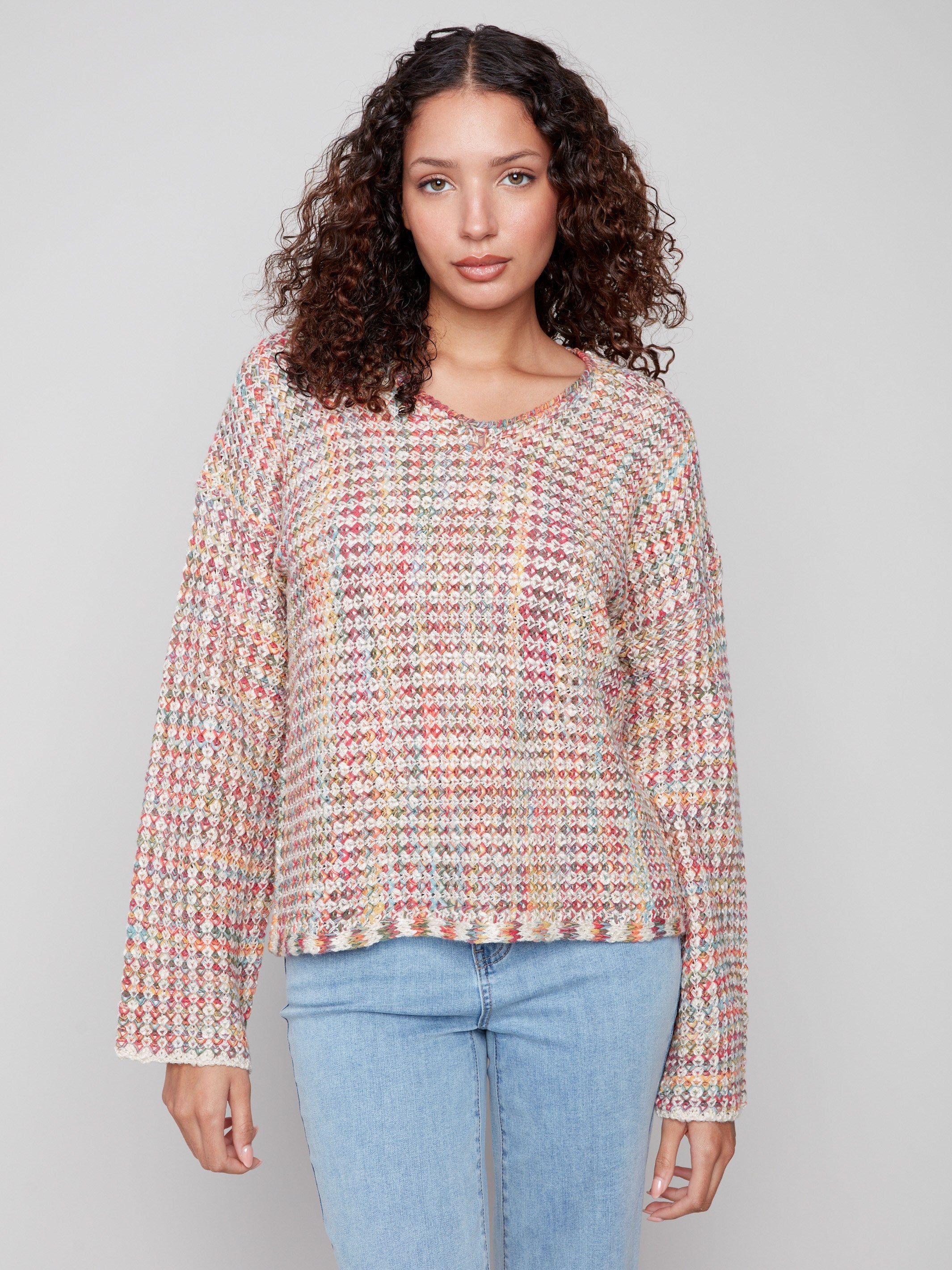 Stylish multicolor crochet sweater with an elegant V-neckline and cozy long sleeves for comfort by Charlie B.