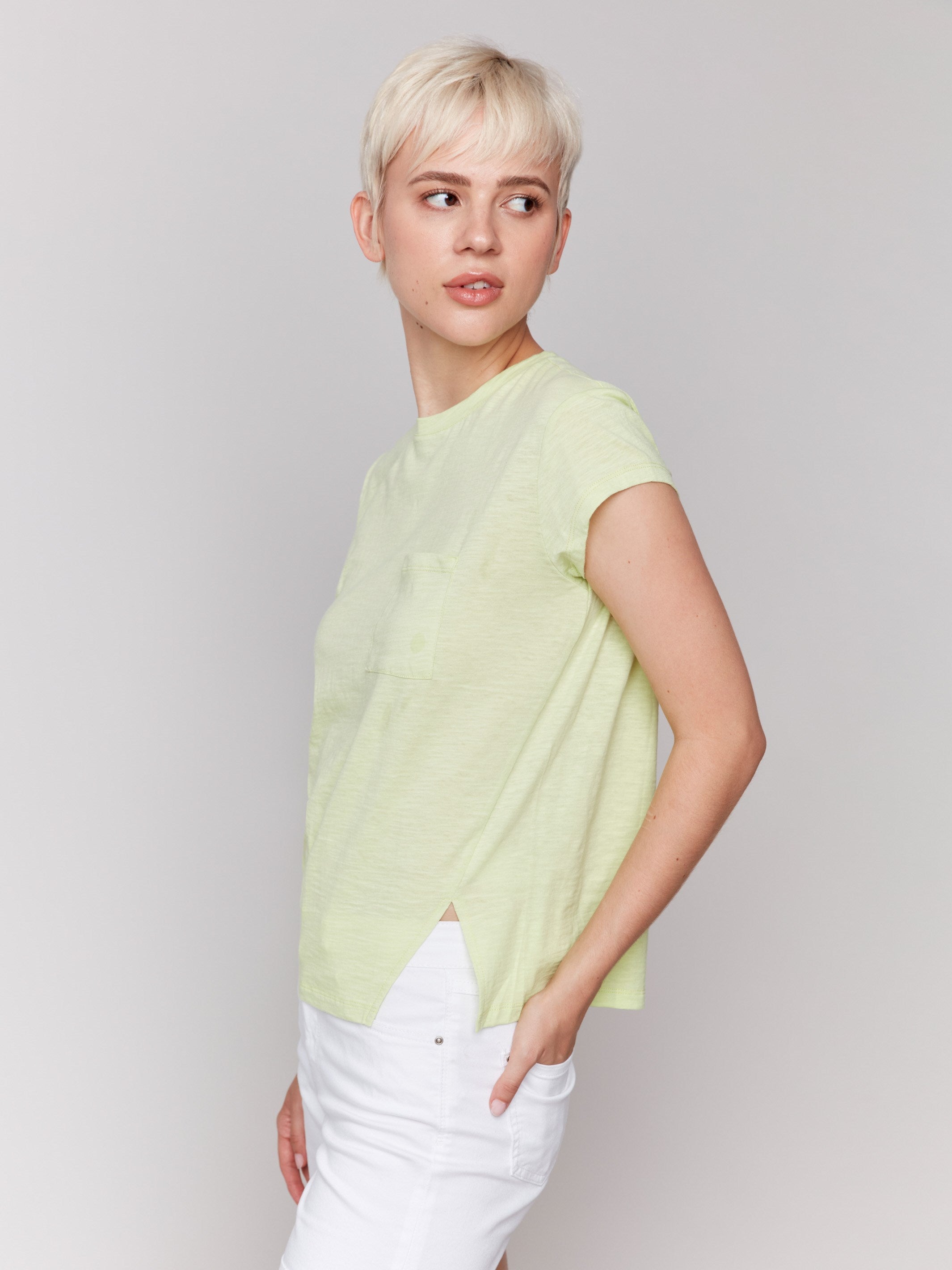Short-sleeved keylime tee with a front slit detail by Charlie B.
