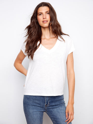 Stylish drop shoulder T-shirt in crisp white, perfect for casual wear by Charlie B.