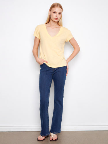 Stay cool in this lightweight cotton tee featuring a classic V-neck, ideal for layering or wearing alone. By Charlie B.
