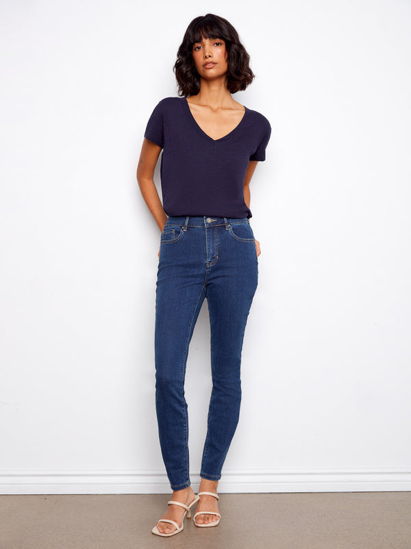 Organic Cotton Drop Shoulder V-Neck T-Shirt - Navy