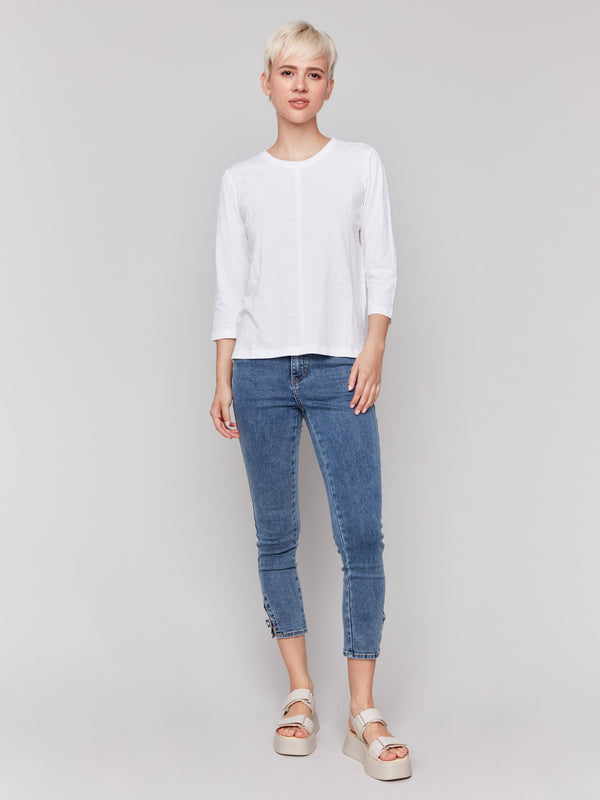 White 3/4 sleeve top with front seam detail by Charlie B.