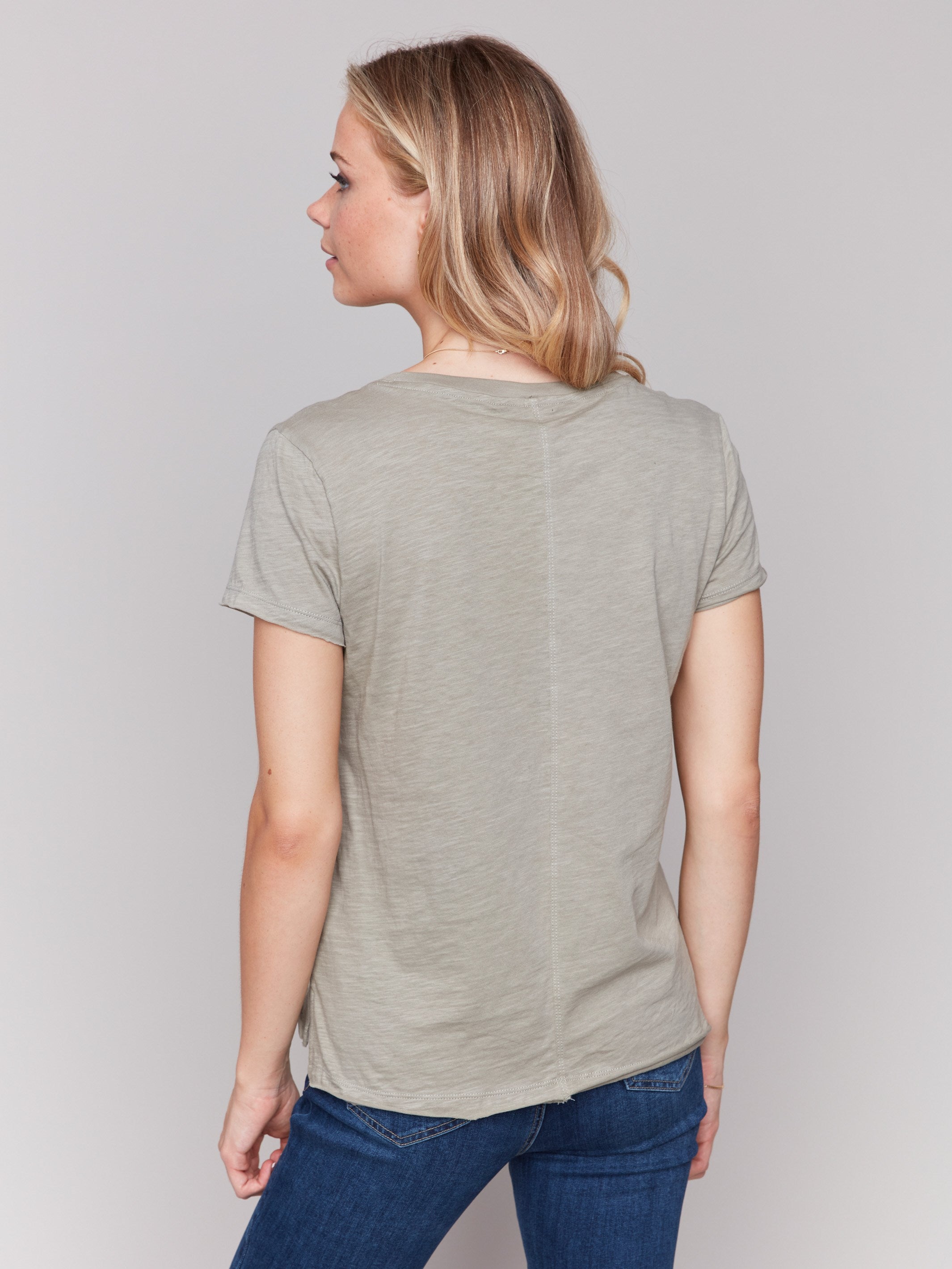 Stylish organic cotton tee with side slits in celadon, by Charlie B.
