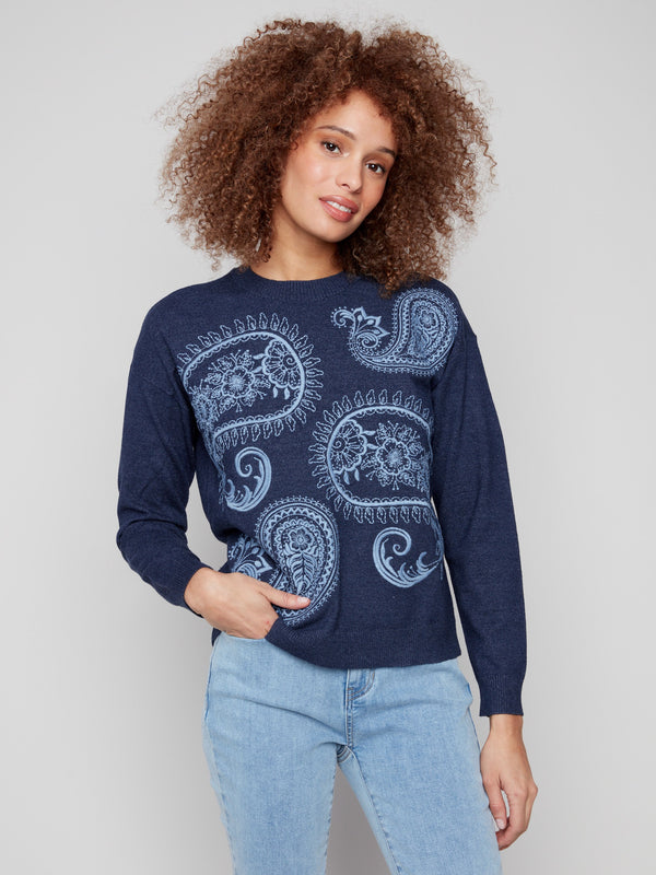 Heather denim sweater featuring paisley embroidery and a comfortable crew neck, perfect for any occasion by Charlie B.