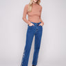 Indigo jeans with paisley embroidery and straight fit, featuring a long length for a modern look by Charlie B.