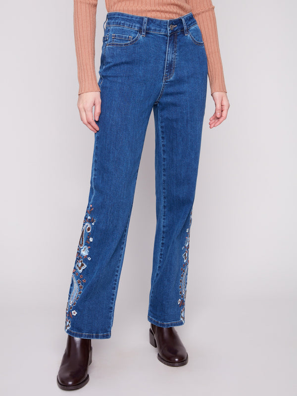 Paisley Embroidered Straight Leg Jeans - Indigo