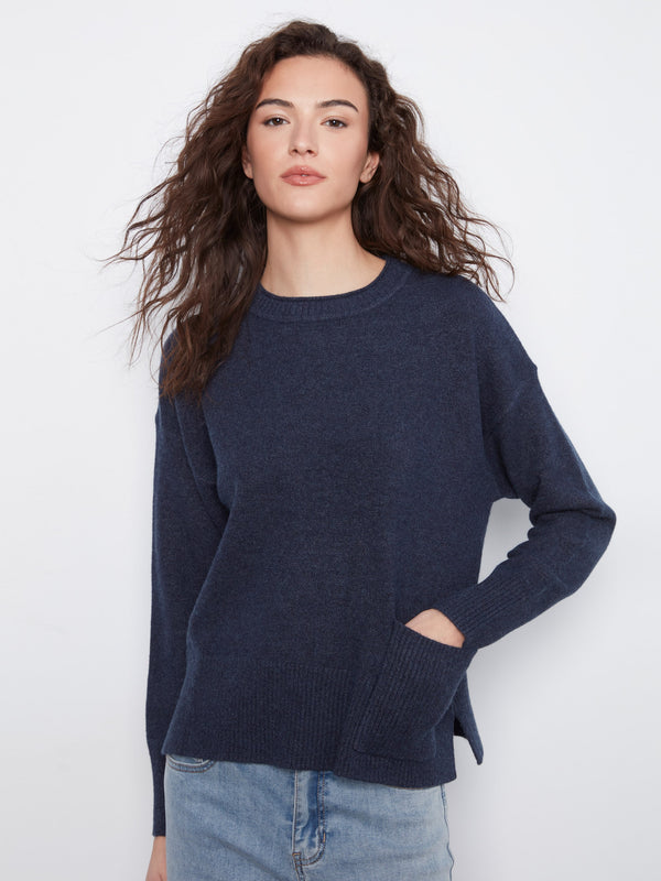 Patch Pocket Crew Neck Sweater - Heather Denim