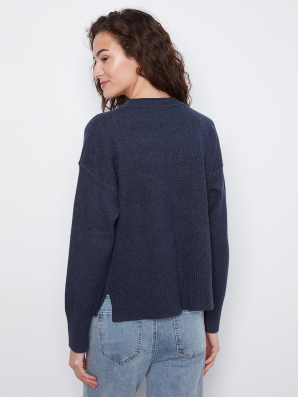 Patch Pocket Crew Neck Sweater - Heather Denim