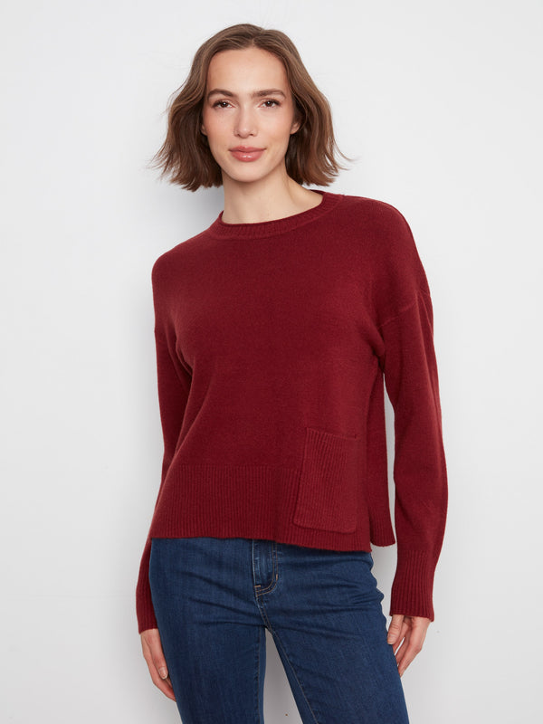 Patch Pocket Crew Neck Sweater - Merlot