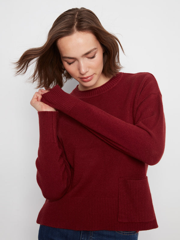 Patch Pocket Crew Neck Sweater - Merlot