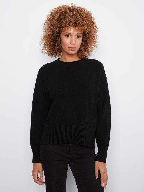 Patch Pocket Crew Neck Sweater - Black
