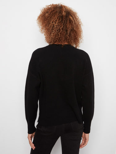 Classic black sweater featuring drop shoulders and an elegant crew neck, designed with side slits by Charlie B.