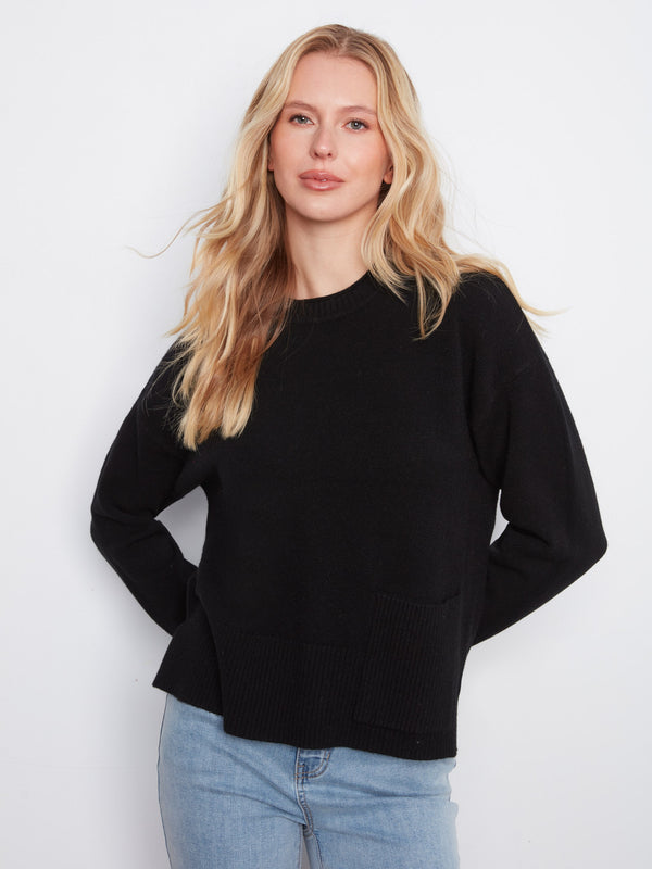 Patch Pocket Crew Neck Sweater - Black