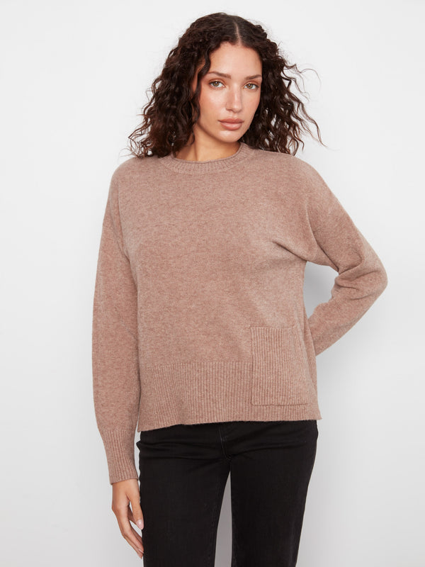 Patch Pocket Crew Neck Sweater - Heather Taupe
