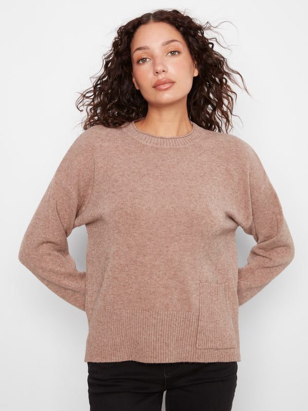 Patch Pocket Crew Neck Sweater - Heather Taupe