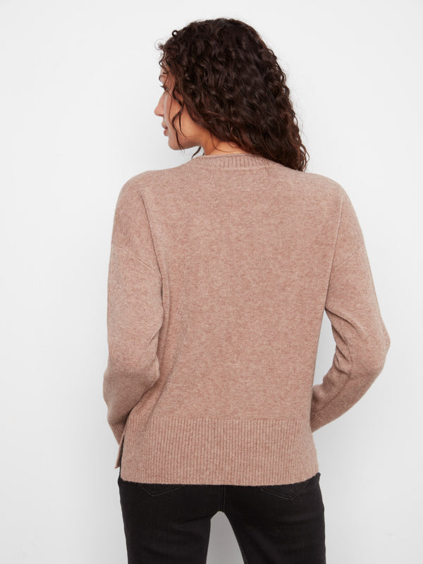 Patch Pocket Crew Neck Sweater - Heather Taupe
