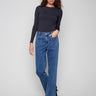 Medium blue jeans with a stylish flare leg, crafted from stretch denim for comfort and style by Charlie B.