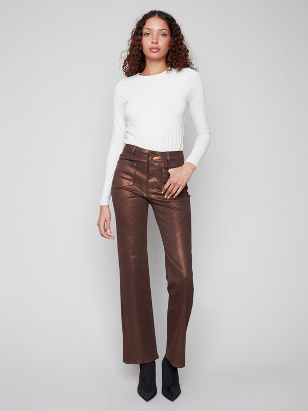 Bronze metallic twill pants featuring a long length and stylish design for a chic look by Charlie B.