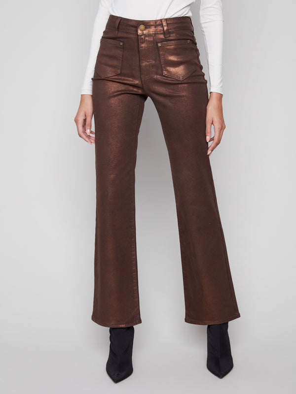 Stylish pants with stretch twill fabric and eye-catching bronze metallic finish by Charlie B.