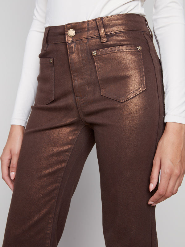 Elegant bronze pants with regular rise and special rivet details for added flair by Charlie B.