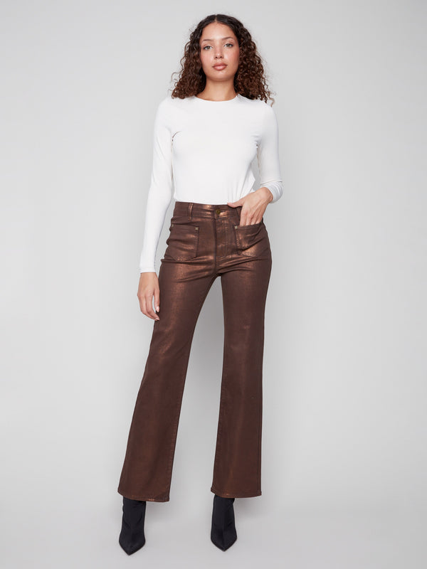 Patch Pocket Flare Metallic Twill Pants With Rivets - Bronze