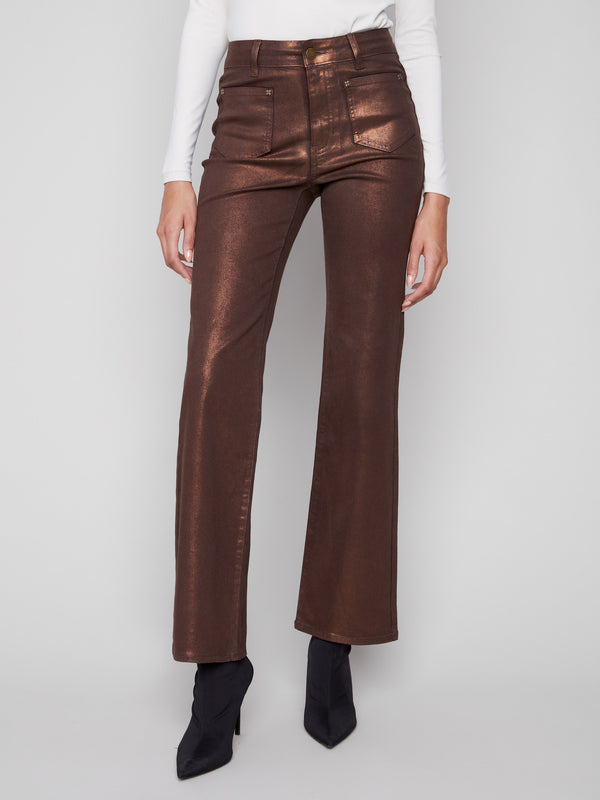 Patch Pocket Flare Metallic Twill Pants With Rivets - Bronze