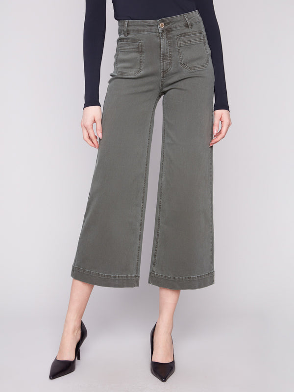 Cropped length spruce twill pants with functional front patch pockets by Charlie B.