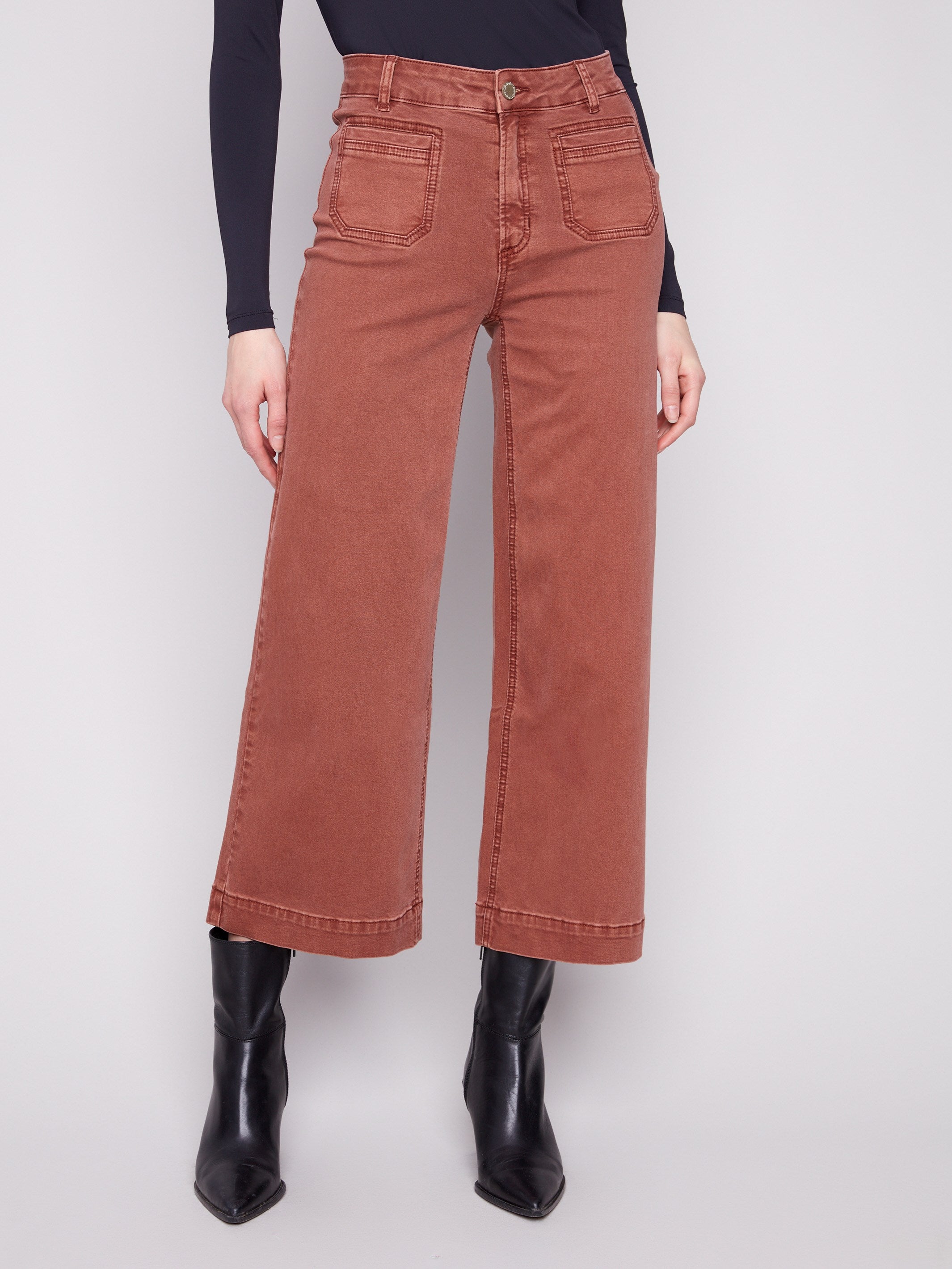 Twill fabric cropped pants in sepia with practical front patch pockets by Charlie B.