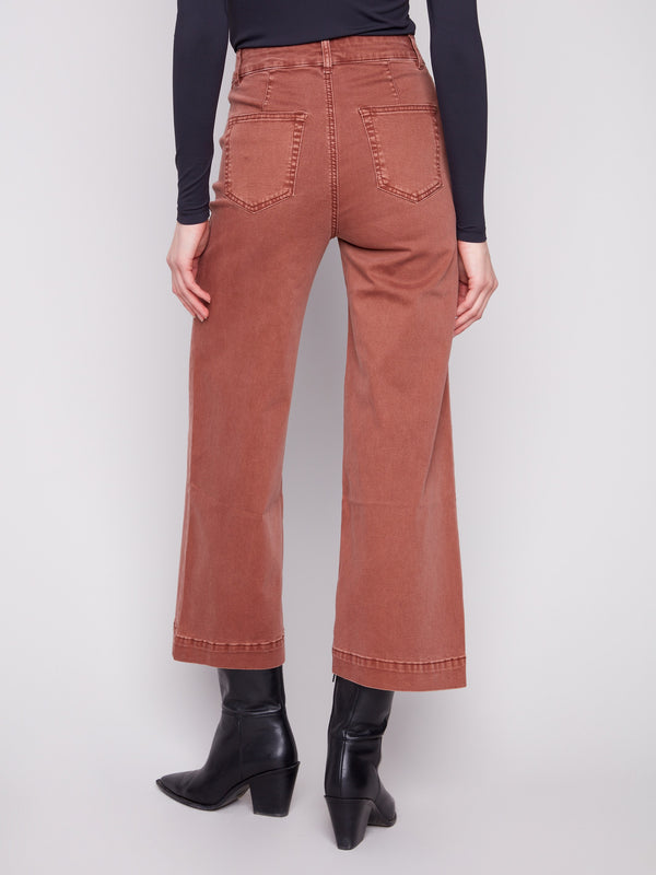 Cropped flare twill pants in sepia showcasing back pockets for added style by Charlie B.