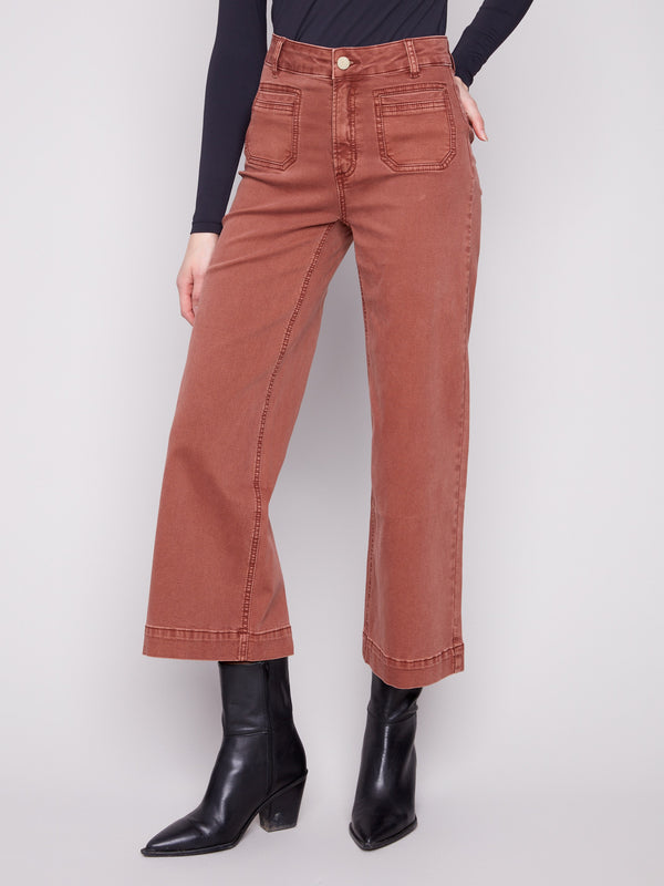 Stylish cropped length sepia twill pants with a modern touch of stretch fabric by Charlie B.