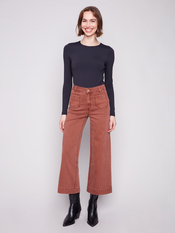 Sepia-colored cropped flare twill pants with patch pockets by Charlie B.