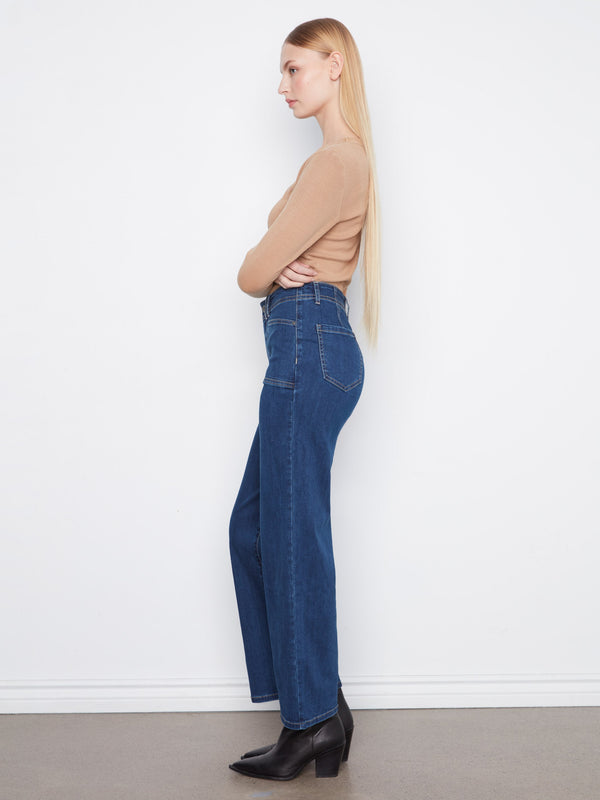 Patch Pocket Wide Leg Jeans - Indigo