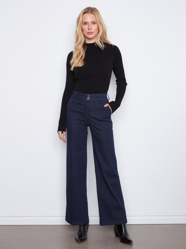 Patch Pocket Wide Leg Jeans With Double Button Waistband - Blue Black