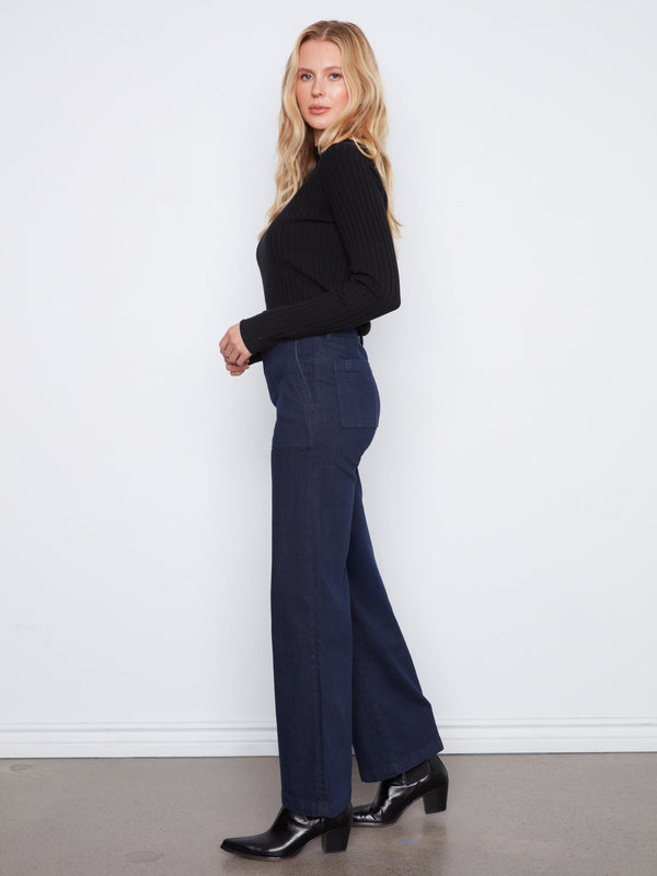 Patch Pocket Wide Leg Jeans With Double Button Waistband - Blue Black