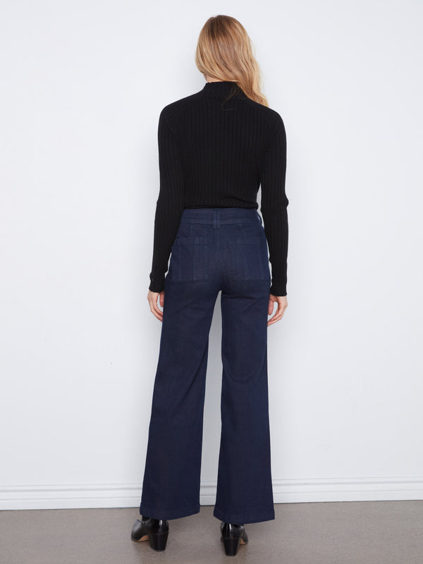 Patch Pocket Wide Leg Jeans With Double Button Waistband - Blue Black