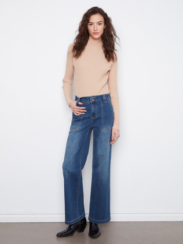 Patch Pocket Wide Leg Jeans With Double Button Waistband - Washed Indigo