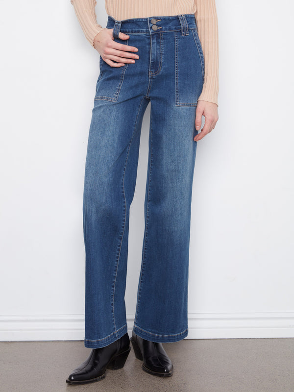 Patch Pocket Wide Leg Jeans With Double Button Waistband - Washed Indigo