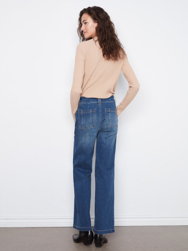 Patch Pocket Wide Leg Jeans With Double Button Waistband - Washed Indigo