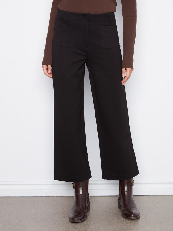 Patch Pocket Wide Leg Ponte Pants - Black