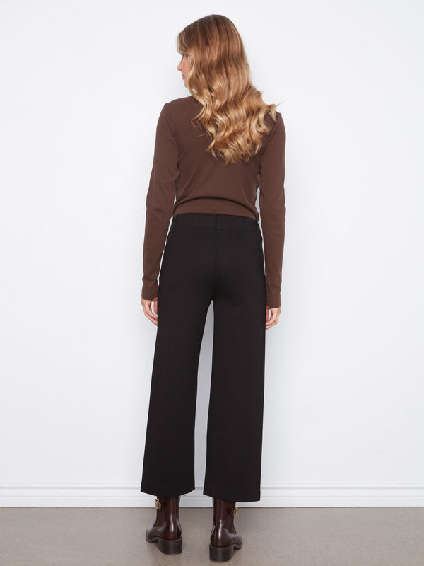 Patch Pocket Wide Leg Ponte Pants - Black