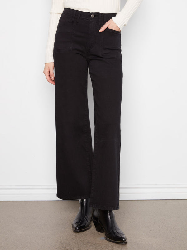 Patch Pocket Wide Leg Twill Pants - Black