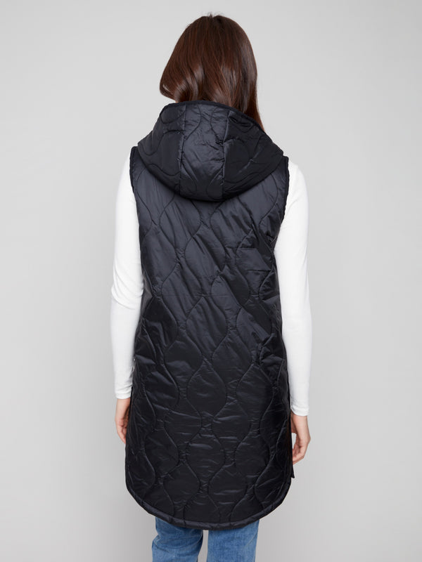 Pearlized Long Hooded Vest - Black