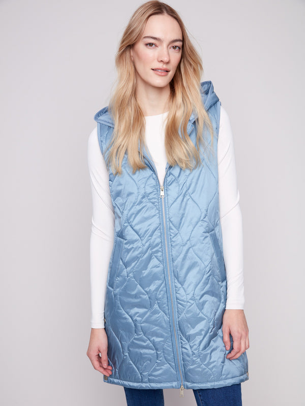 Long hooded vest featuring a sleek pearlized finish by Charlie B.