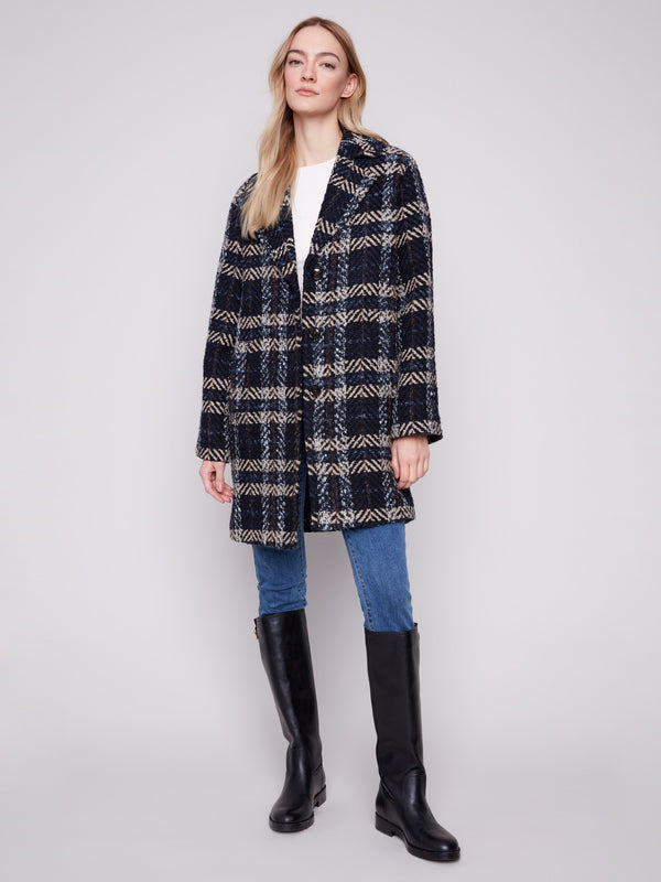 Navy plaid boucle coat featuring a tailored collar and stylish design by Charlie B.