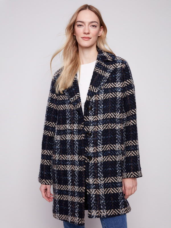 Elegant navy plaid boucle coat with a button front closure for chic style by Charlie B.
