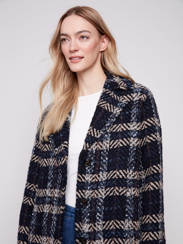 Stylish navy plaid boucle coat, fully lined for added comfort and warmth by Charlie B.